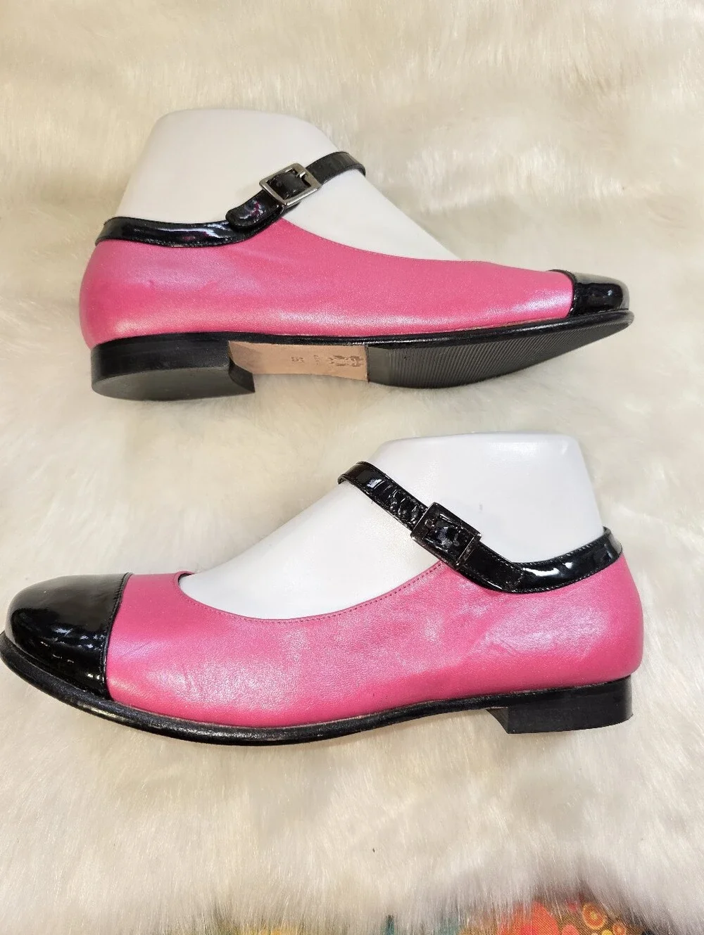 Women's Pink and Black Mary Jane Flats with Buckle Strap - Picture 4 of 11
